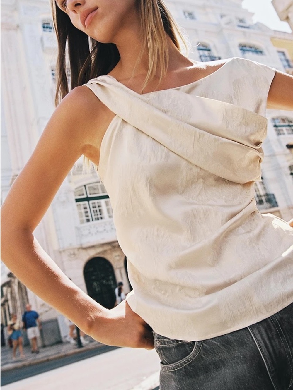 Zara NWT Asymmetrical Jacquard Cream Draped Satin Top Sz M